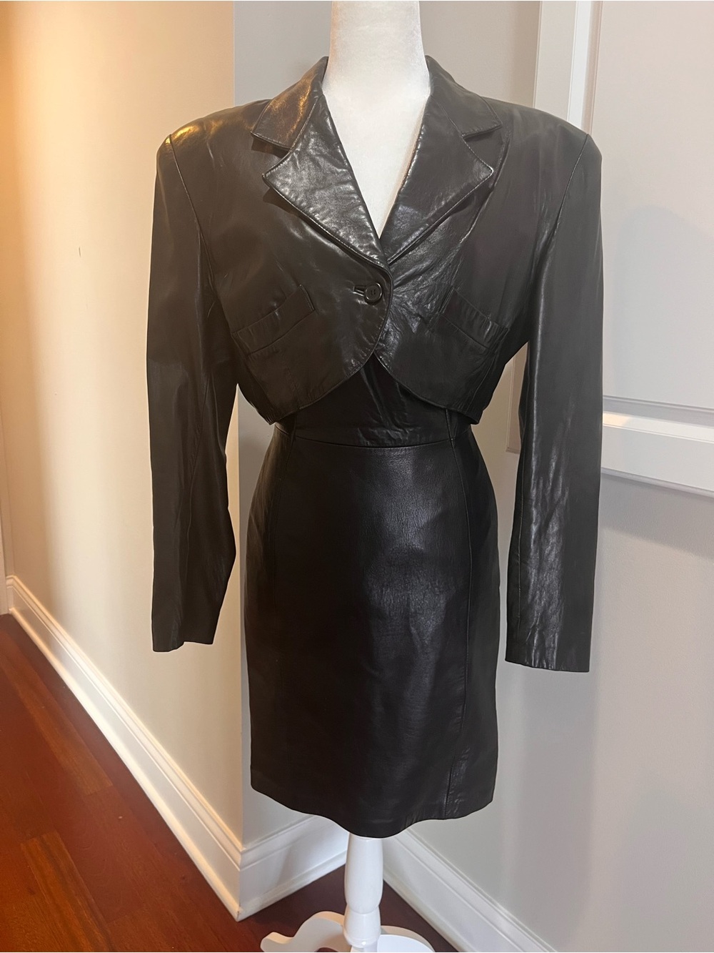 Andrew Marc Black Leather Cropped Jacket and Skirt Set Size M